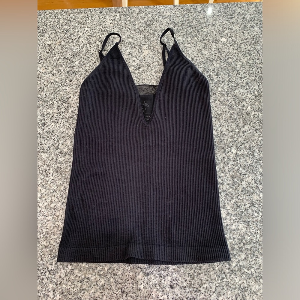 Free People Black Ribbed Tank Top with Mesh V-Neck